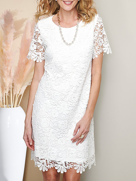 

Plain Cotton-Blend Casual Crew Neck Dress, White, Formal Dresses