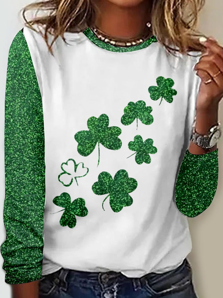 

Women's Happy St. Patrick's Day Crew Neck Regular Fit Color Block Simple Shirt, Green, Long sleeves