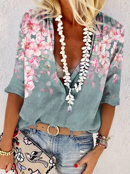 

V Neck Casual Cotton-Blend Shirt, Multicolor, Shirts & Blouses