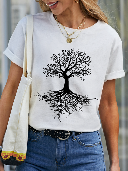 

Women's The Tree of Life Print Simple Loose Crew Neck Text Letters T-Shirt, White, T-shirts