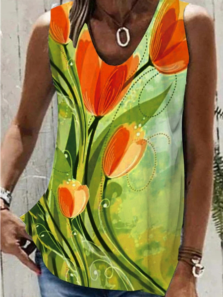 

Casual Floral Crew Neck Tank Top, Green, Tanks & Camis