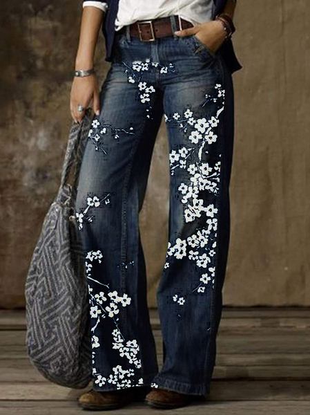 

Women‘s Denim Casual Loose Plants Print Jeans, Blue, Jeans