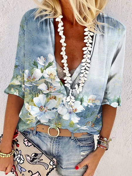 

Loose Cotton-Blend V Neck Casual Shirt, Multicolor, Shirts & Blouses