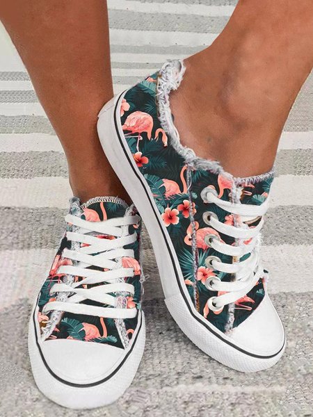 

Flamingo Pattern Floral Lace-Up Canvas Shoes, Black-green, Sneakers