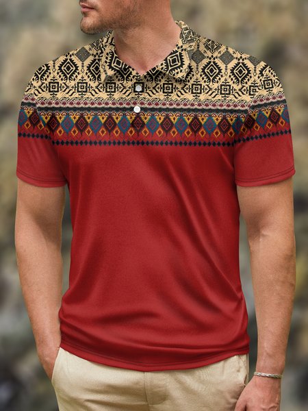 

Ethnic Geometric Button Short Sleeve Polo Shirt, Red, Polo Shirts
