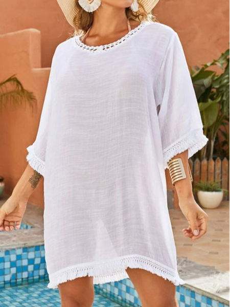 

Plain Vacation Loose Dress, White, Mini Dresses