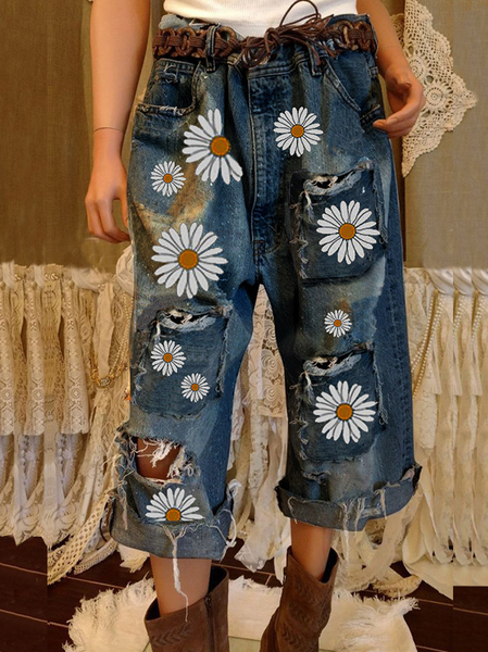 

Women's Loose Daisy Casual Denim Jeans, Dark_blue, Jeans