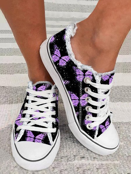 

Purple Butterfly Pattern Casual Lace-Up Canvas Shoes, Women Shoes