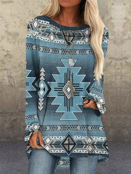

Ethnic Knitted Casual Top, Blue, Shirts & Blouses