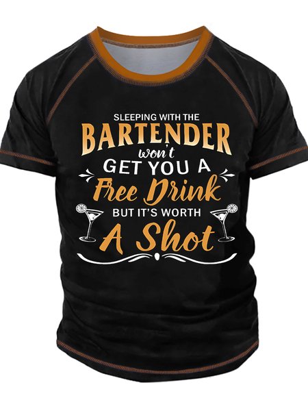 

Men's Sleeping With The Bartender Wom't Get You A Free Drink But It Is Worth A Shot Funny Graphic Printing Regular Fit Casual Crew Neck T-Shirt, Black, T-shirts