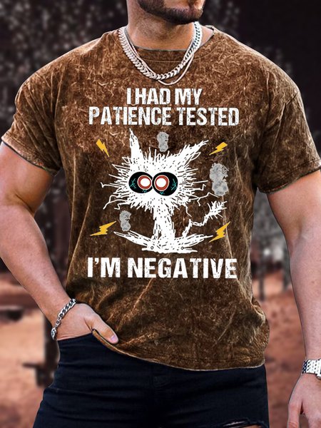 

Men's I Had My Patience Tested I Am Negative Funny Grumpy Cat Graphic Printing Crew Neck Loose Text Letters Casual T-Shirt, Brown, T-shirts