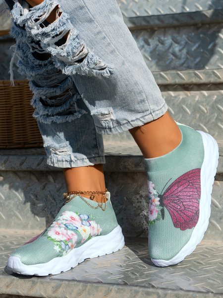 

Butterfly Floral Printed Slip On Sports Flyknit Sneakers, Green, Sneakers