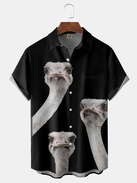 

Funny Ostrich Chest Pocket Short Sleeve Casual Shirt, Black, Men Shirts