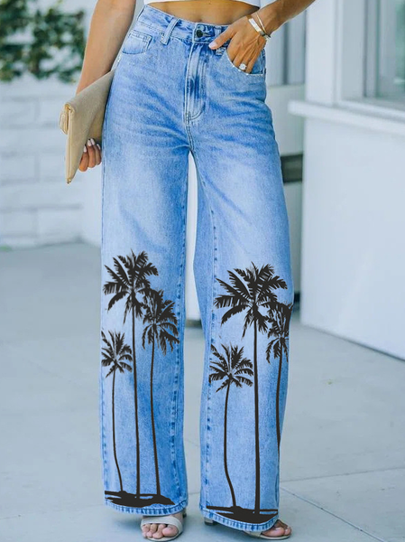 

Women's Casual Coconut Tree Loose Jeans, Light blue, Jeans