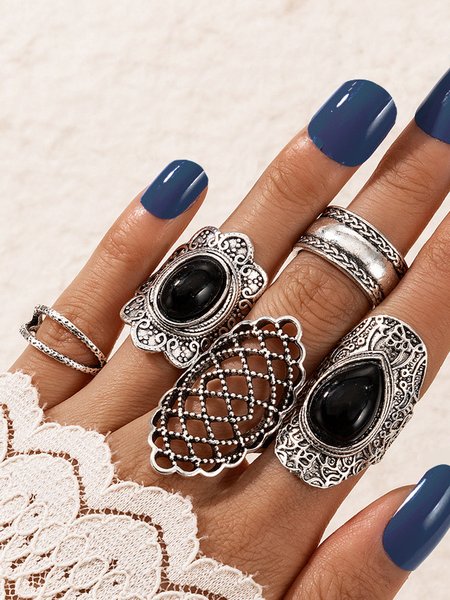 

5Pcs Boho Black Gem Ethnic Pattern Ring Set Daily Holiday Jewelry, Silver, Rings