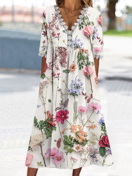 

Casual Lace Panel Floral Loose Dress, White, Dresses