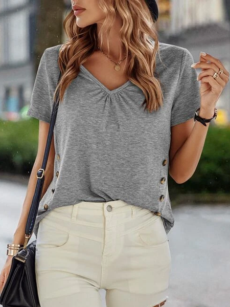 

Buttoned V Neck Loose Casual T-Shirt, Gray, T-Shirts
