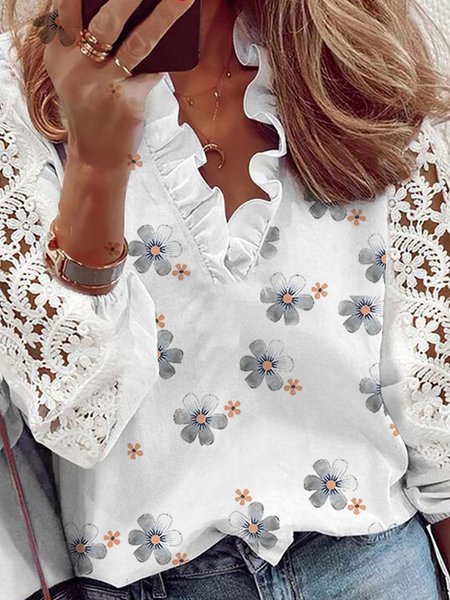 

V Neck Casual Lace Floral Shirt, White, Shirts & Blouses