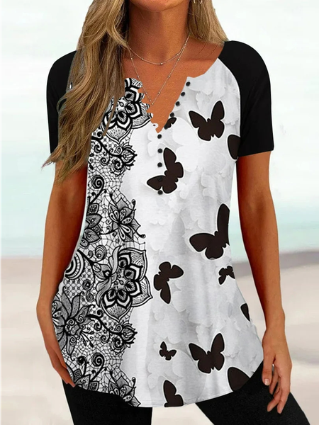

Butterfly Casual V Neck Floral Shirt, Black-white, Shirts & Blouses