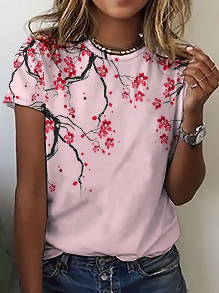 

Women's Floral Simple Crew Neck Loose T-Shirt, Pink, T-shirts