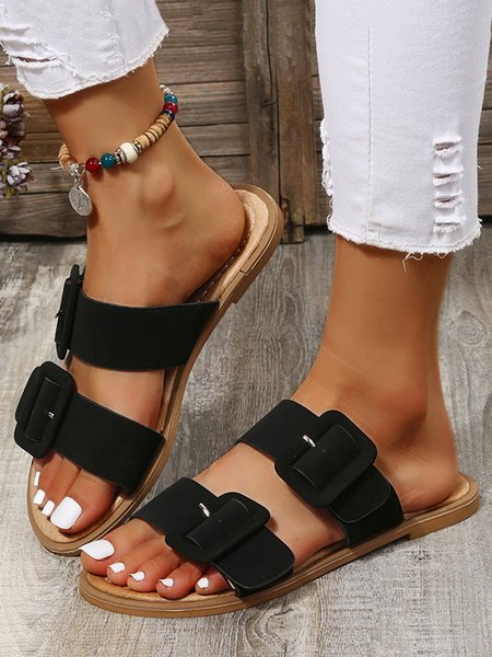 

Plain Double Buckle Slide Sandals, Black, Sandals