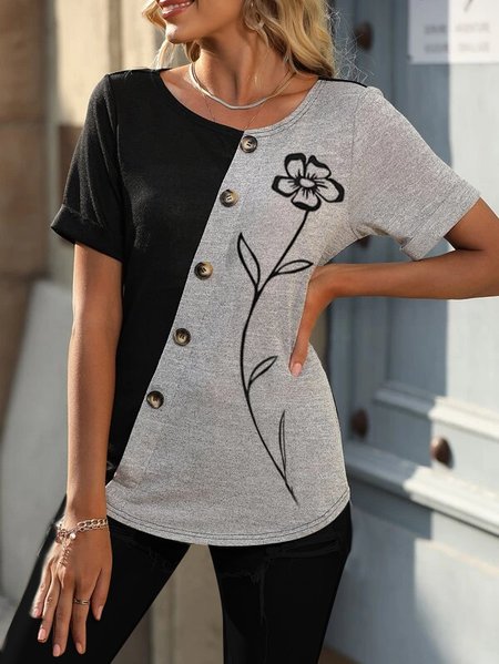 

Casual Contrasting Floral Button T-Shirt, Black, T-Shirts