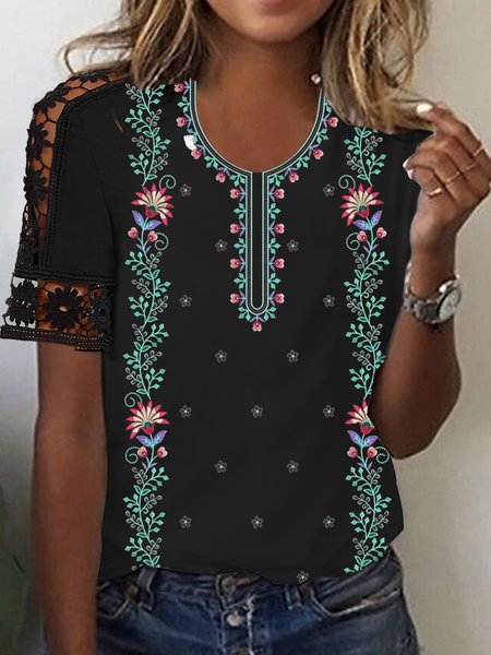 

Crew Neck Lace Ethnic T-Shirt, Black, T-Shirts