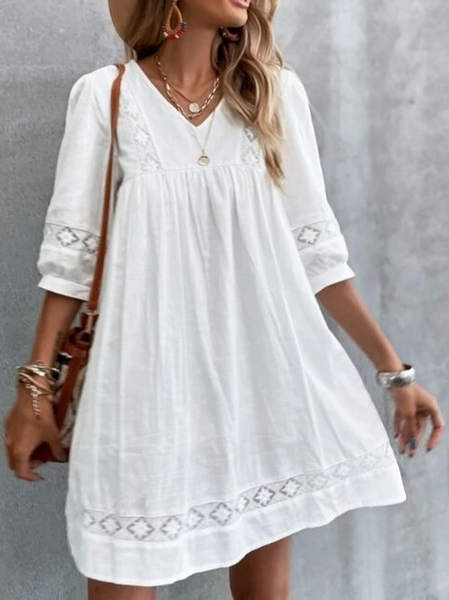 

Loose Plain V Neck Casual Dress, White, Mini Dresses