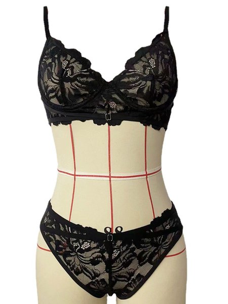 

Valentine's Day Lace High Elasticity Breathable Underwire Sexy Lingerie Set, Black, Sexy Wear