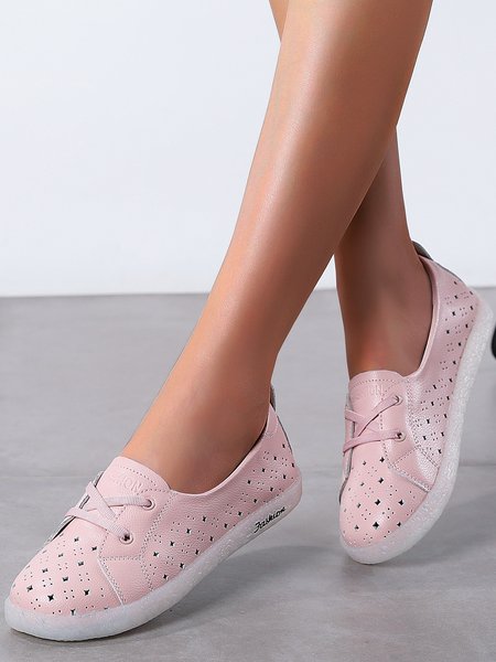 Solid Calfskin Hollow Breathable Soft Flat Shoes, Pink, Flats