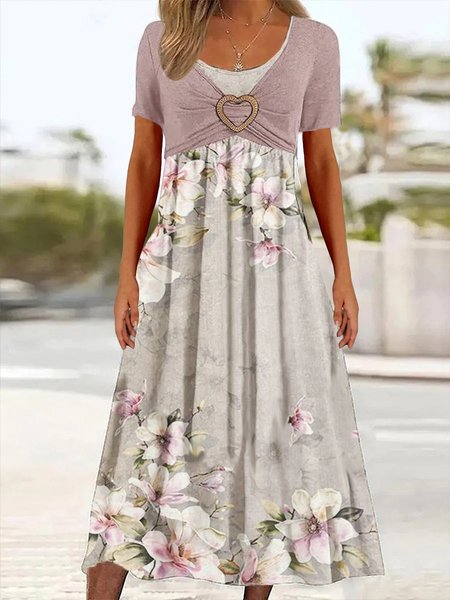 

V Neck Elegant Regular Fit Floral Dress, Dark pink, Dresses
