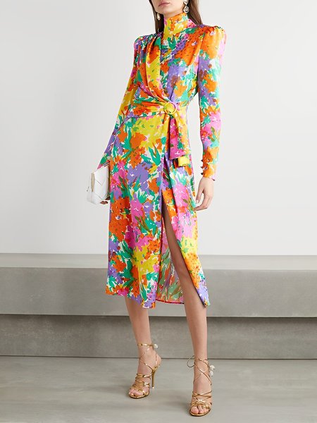

Floral Stand Collar Regular Fit Urban Dress, Flower, Midi Dresses
