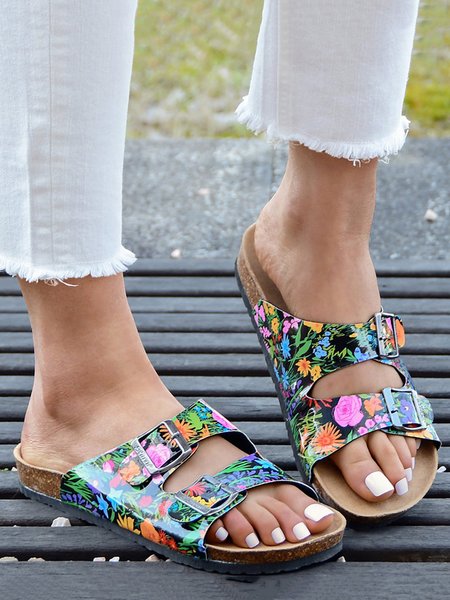 

Floral Double Buckle Casual Slide Sandals, Black, Sandals