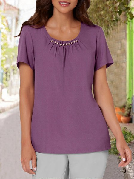 

Loose Crew Neck Plain Casual Shirt, Gray purple, Shirts & Blouses