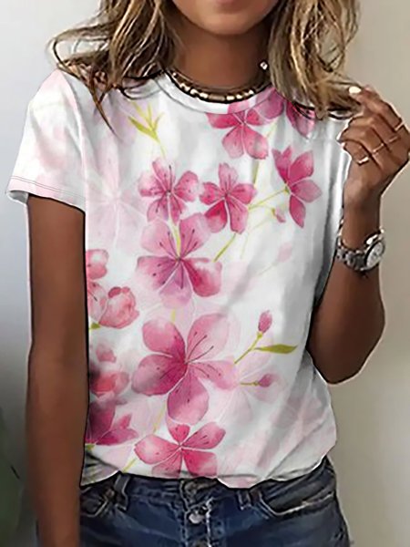 

Women’s Floral Crew Neck Loose Simple T-Shirt, Pink, T-shirts