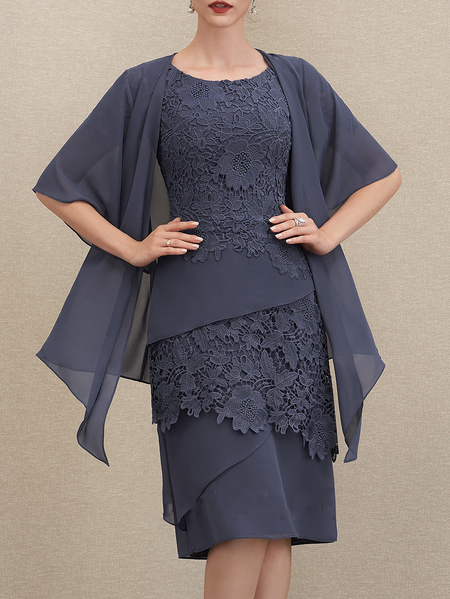 

Lace Plain Casual Crew Neck Two-Piece Set, Blue, Formal Dresses