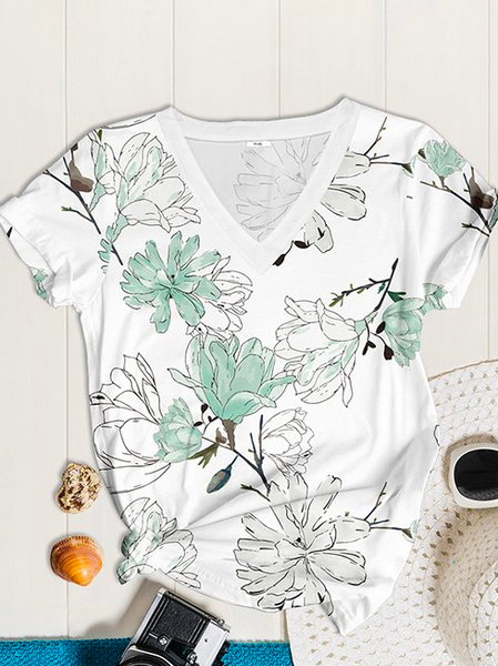 

Loose Floral V Neck Casual T-Shirt, Green, T-Shirts