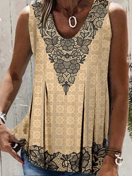 

Lace Ethnic Color Block Regular Fit Tank Top, Yellow, Tanks & Camis