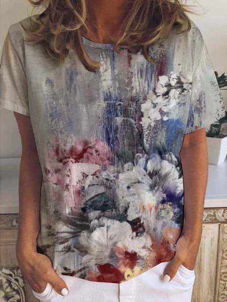 

Women’s Plant Pattern Floral Casual Floral Loose Crew Neck T-Shirt, As picture, T-shirts