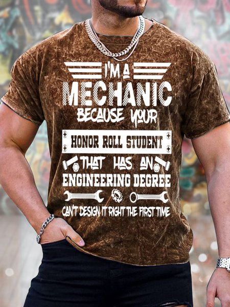 

Men's I Am A Mechanic Funny Graphic Tie-Dye Printing Loose Casual Crew Neck Text Letters T-Shirt, Brown, T-shirts