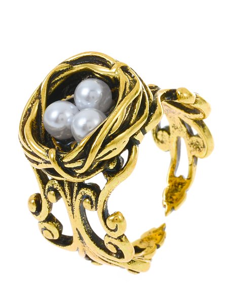 

Vintage Distressed Pearl Cutout Ethnic Pattern Open Ring Elegant Everyday Jewelry, Gunmetal, Rings