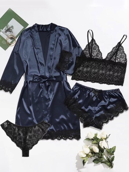 

Valentine's Day Sexy Lace Pajamas Set of Four, Navy blue, Loungewear & Sleepwear