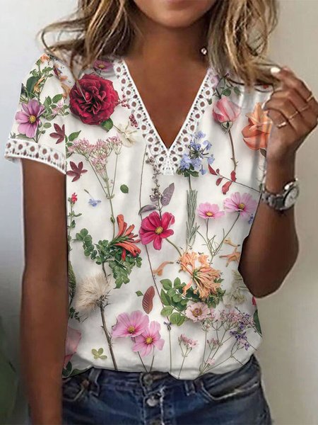 

Floral Knitted Casual T-Shirt, White, T-Shirts
