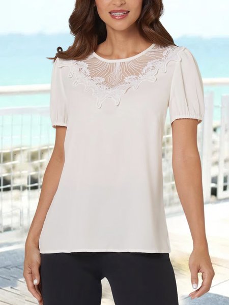 

Crew Neck Casual Loose T-Shirt, White, Shirts & Blouses