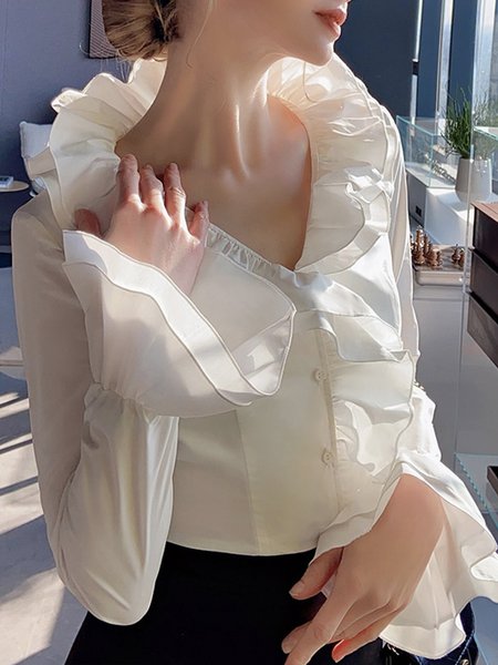 

Cotton-Blend Elegant Lotus Leaf Collar Blouse, White, Blouses and Shirts