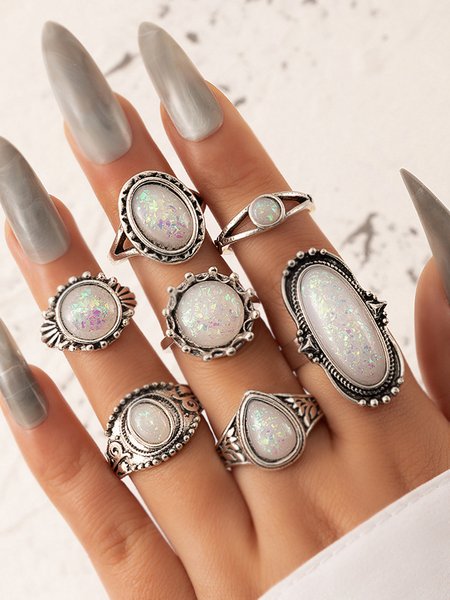 

7Pcs Boho Opal Ethnic Pattern Ring Set Daily Holiday Jewelry, Silver, Rings