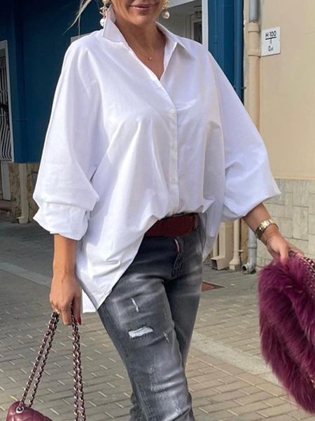 Plain Simple Shirt Collar Urban Loose Blouse, White, Blouses and Shirts