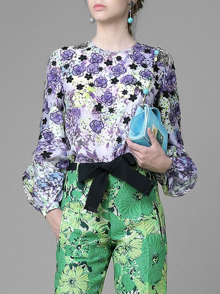 

Long sleeve Floral Regular Fit Crew Neck Elegant Shirt, Purple, Blouses and Shirts