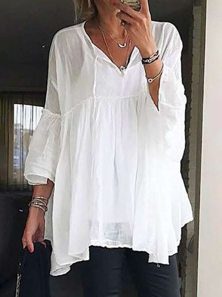 

V Neck Cotton And Linen Plain Casual Shirt, White, Shirts & Blouses