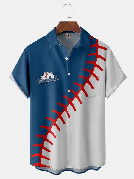

Baseball Chest Pocket Short Sleeve Hawaiian Shirt, Blue, Men Shirts